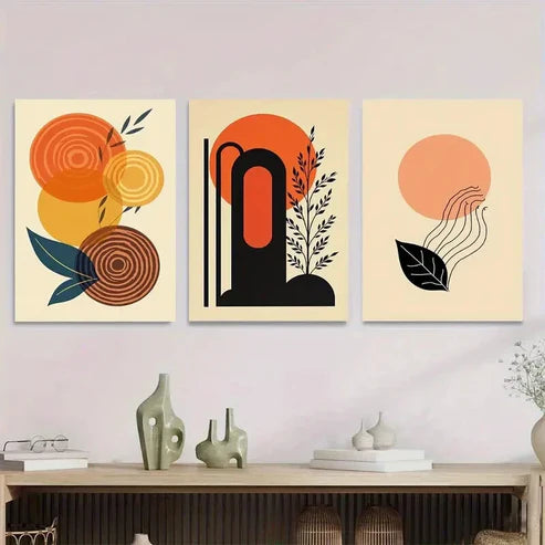 3pcs Vibrant Orange & Black Geometric Abstract Wall Art Set Canvas Unframed - High Quality Print 100% Australian Made Wall Canvas