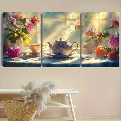 3pcs Morning Tea with Roses Wall Art Canvas Unframed - High Quality Print 100% Australian Made Wall Canvas - Bella Home Decor