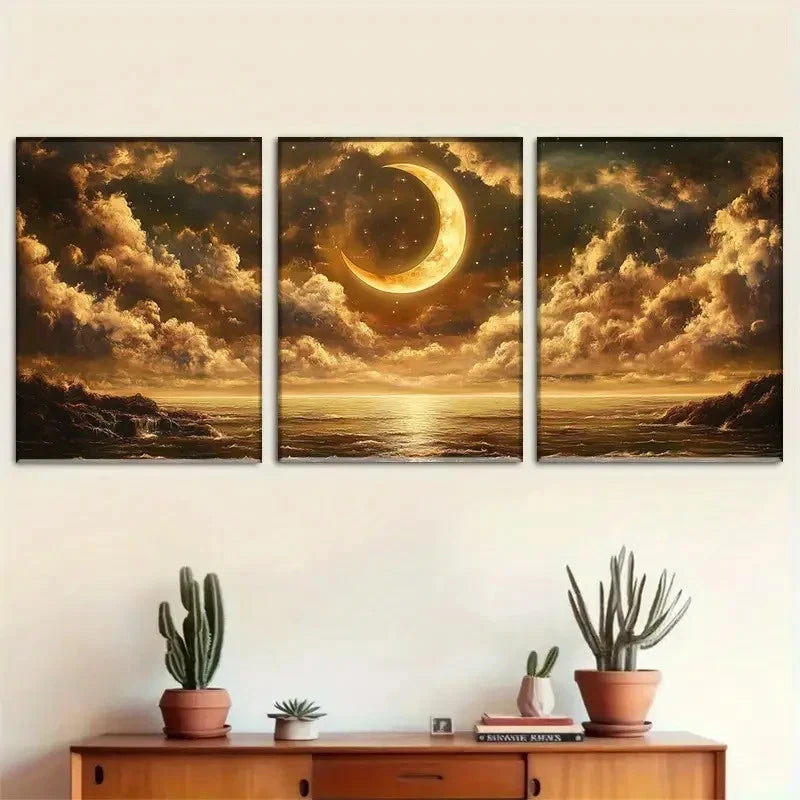 3pcs Golden Moon & Stars Reflecting Metal Print Ready to Hang Art - Bella Home Decor