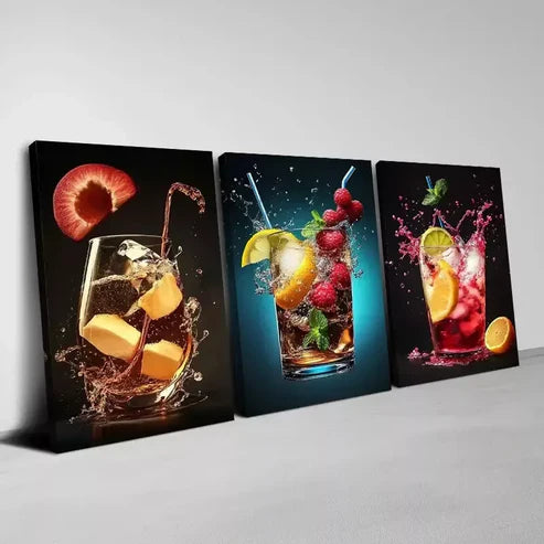3pcs Colorful Fruit Drinks with Water Splashing WallArt Set Canvas Unframed - High Quality Print 100% Australian Made Wall Canvas