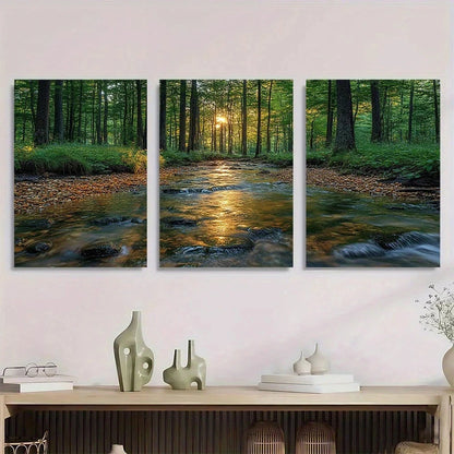 3pcs Serene Forest Stream Scene Metal Print Ready to Hang Art - Bella Home Decor