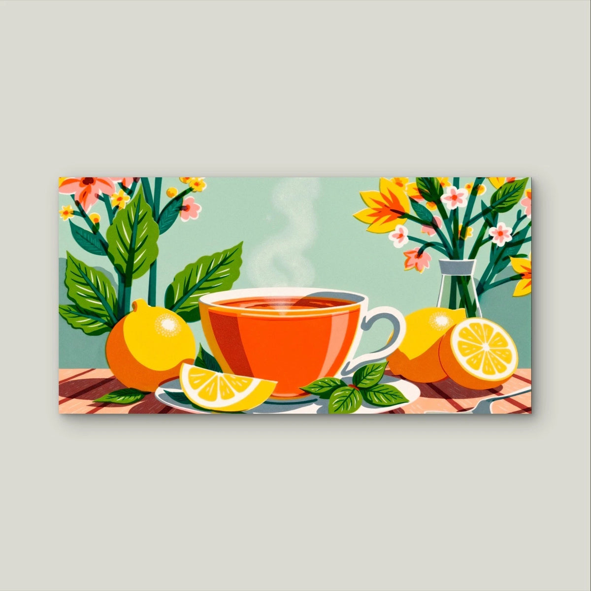 Lemon and Tea Botanical Illustration Wall Art Canvas Office Home Framed 120x60cm
