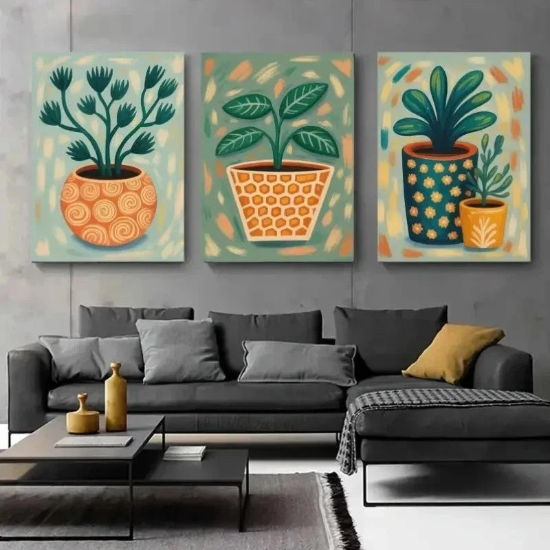 3pcs Botanical  Green Leaves & Potted  Wall Art Set Canvas Framed 40x60cm - High Quality Print 100% Australian Made Wall Canvas Ready to Hang - Bella Home Decor