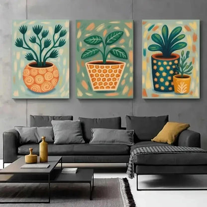 3pcs Botanical  Green Leaves & Potted  Wall Art Set Canvas Framed 40x60cm - High Quality Print 100% Australian Made Wall Canvas Ready to Hang - Bella Home Decor