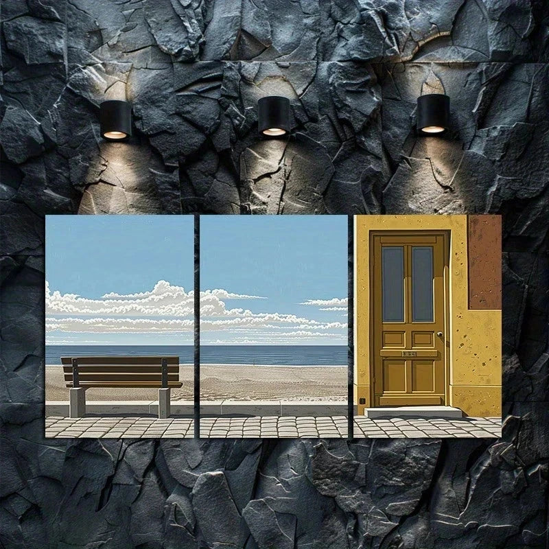 3pcs Anime Style Beach and Doorway Illustration Metal Print Ready to Hang Art - Bella Home Decor