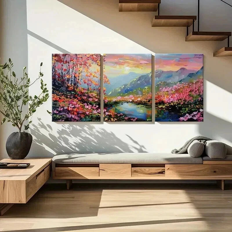 3pcs Mountain Landscape Colorful Trees Serene Wall Art Set Canvas Framed 40x60cm - High Quality Print 100% Australian Made Wall Canvas Ready to Hang - Bella Home Decor