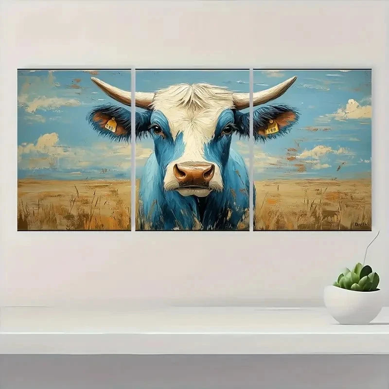 3pcs Blue & White Bull with Yellow Tags Metal Print Ready to Hang Art - Bella Home Decor