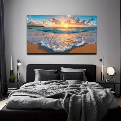 Vibrant Ocean Waves & Sandy Wall Art Canvas Office Home Room Framed 120x60cm