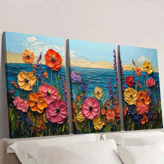 3pcs Seascape Painting Flower Meadow FM Wall Art Set Canvas Framed 40x60cm - High Quality Print 100% Australian Made Wall Canvas Ready to Hang