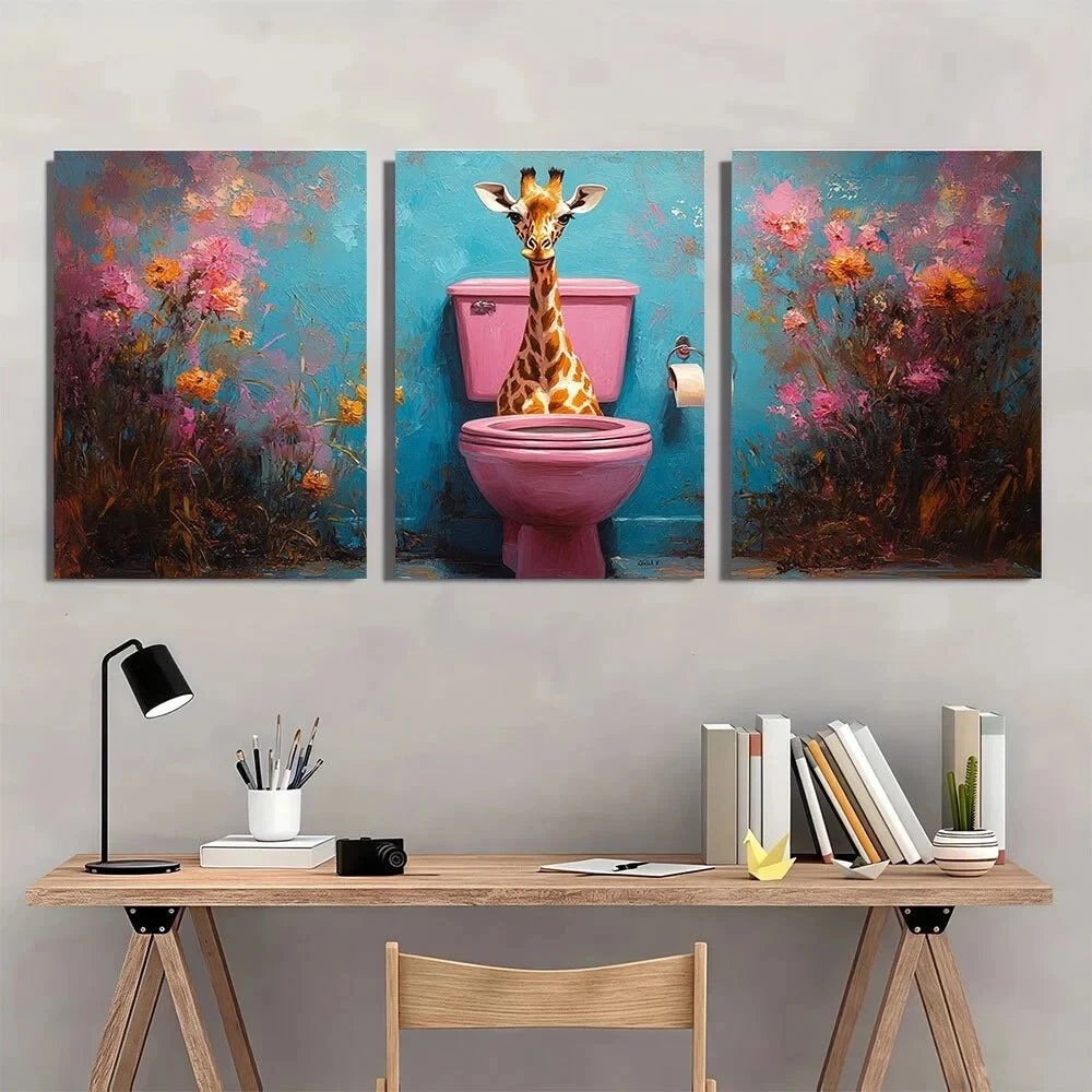 3pcs Funny Giraffe Whimsical Animal Painting Metal Print Ready to Hang Art - Bella Home Decor