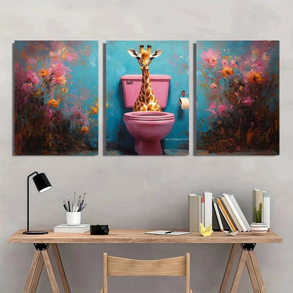 3pcs Funny Giraffe Whimsical Animal Painting Metal Print Ready to Hang Art - Bella Home Decor