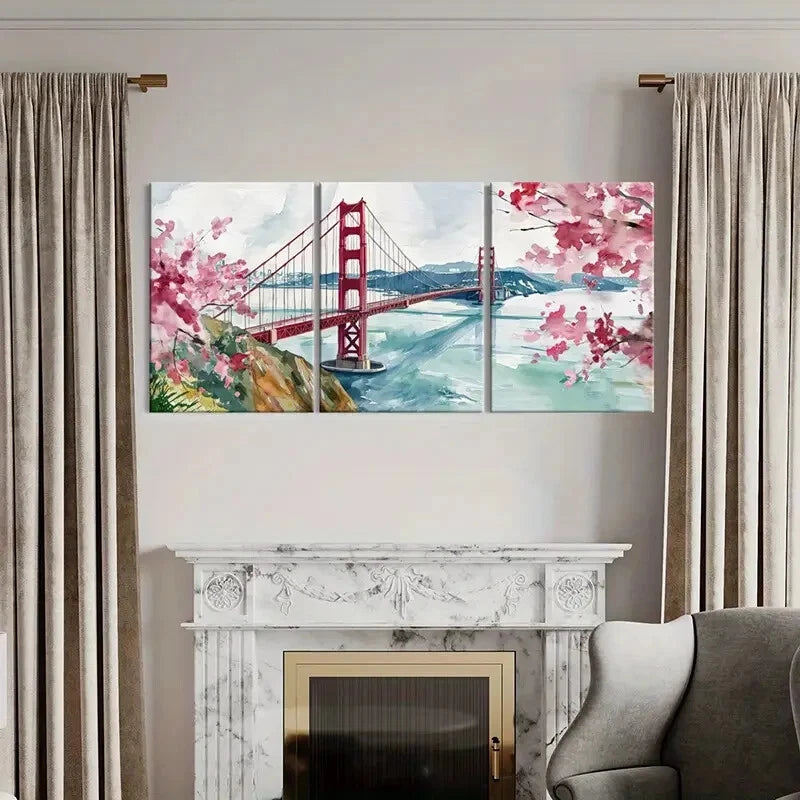 3pcs Golden Gate Bridge Cherry Blossoms Poster Metal Print Ready to Hang Art - Bella Home Decor