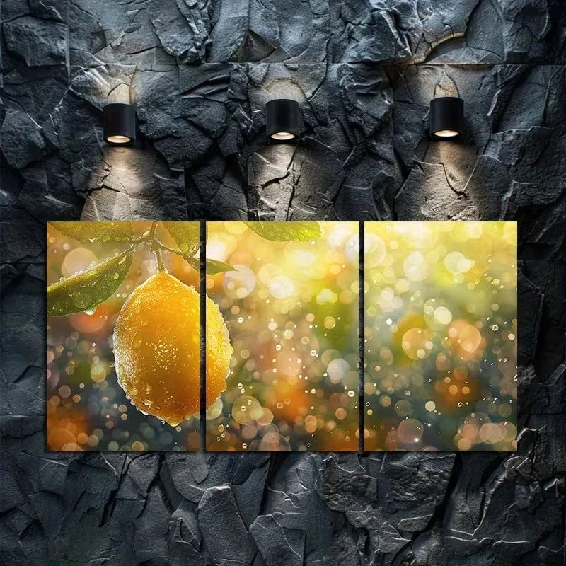 3pcs Lemon Hanging on Tree Metal Print Ready to Hang Art