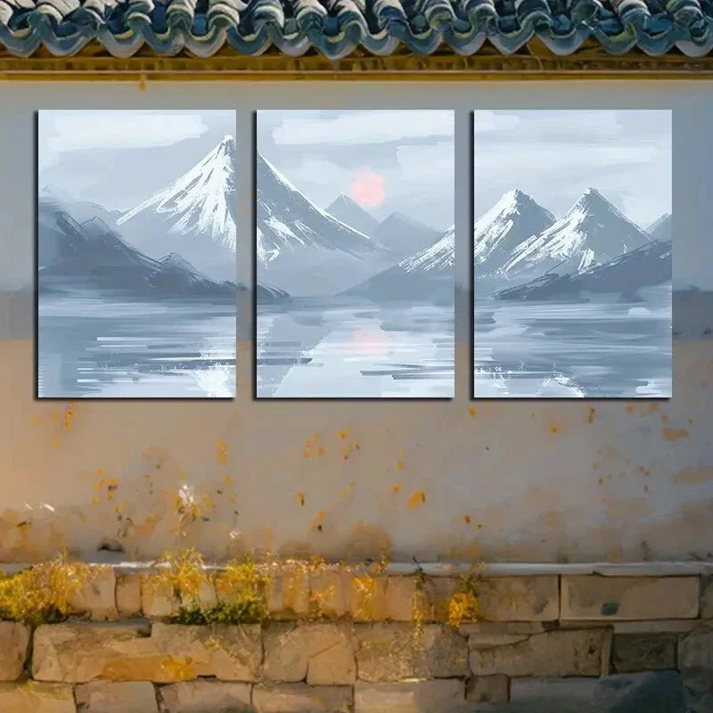 3pcs Misty Snow Covered Mountains with lake Design Metal Print Ready to Hang Art - Bella Home Decor