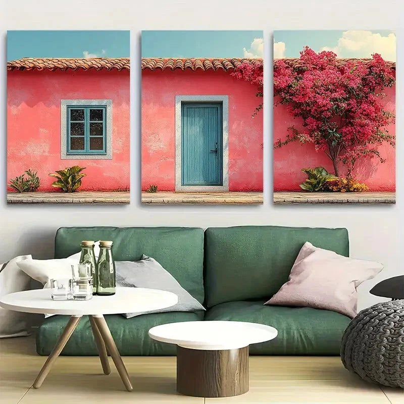3pcs Botanical Pink Aesthetic House Design Metal Print Ready to Hang Art