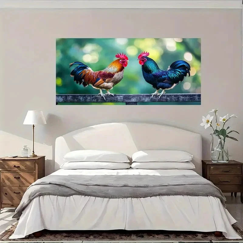 Two Vibrant Rooster Nature Wall Art Canvas Office Home Room Framed 120x60cm