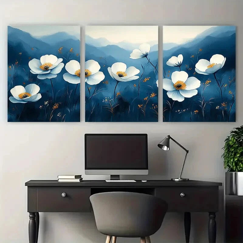 3pcs Serene White Primrose Meadow Blue Toned Metal Print Ready to Hang Art - Bella Home Decor