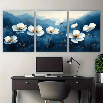 3pcs Serene White Primrose Meadow Blue Toned Metal Print Ready to Hang Art - Bella Home Decor