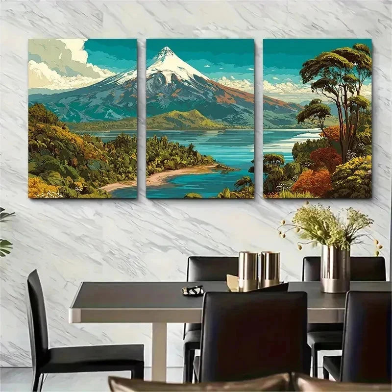 3pcs Volcano & Lake Landscape Perfect Wall Art Set Canvas Framed 50x70cm - High Quality Print 100% Australian Made Wall Canvas Ready to Hang