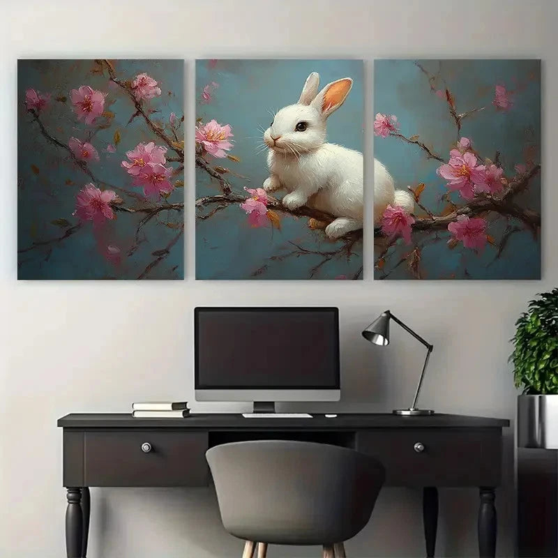 3pcs White Bunny on Branch with Pink Florals Metal Print Ready to Hang Art - Bella Home Decor