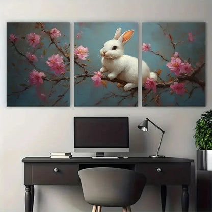 3pcs White Bunny on Branch with Pink Florals Metal Print Ready to Hang Art - Bella Home Decor