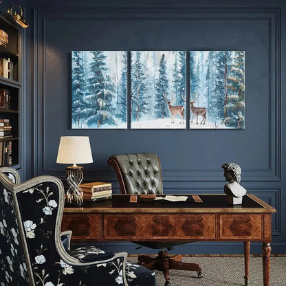 3pcs Winter Forest Deer Art Snowy Landscape Metal Print Ready to Hang Art - Bella Home Decor