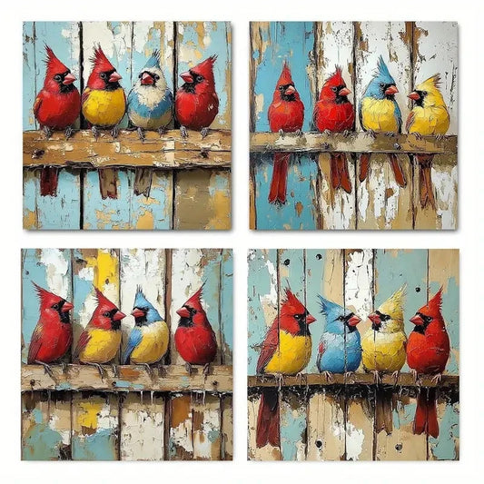4pcs Vibrant Cardinal Birds  Wall Art Canvas Framed