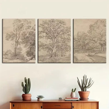3pcs Simple Style trees, sketch retro Paint Wall Art Canvas Unframed - High Quality Print 100% Australian Made Wall Canvas