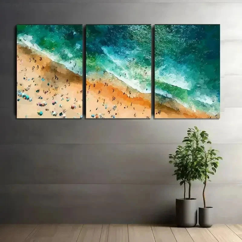 3pcs Crowded Beach with Green Seawater Poster Metal Print Ready to Hang Art - Bella Home Decor