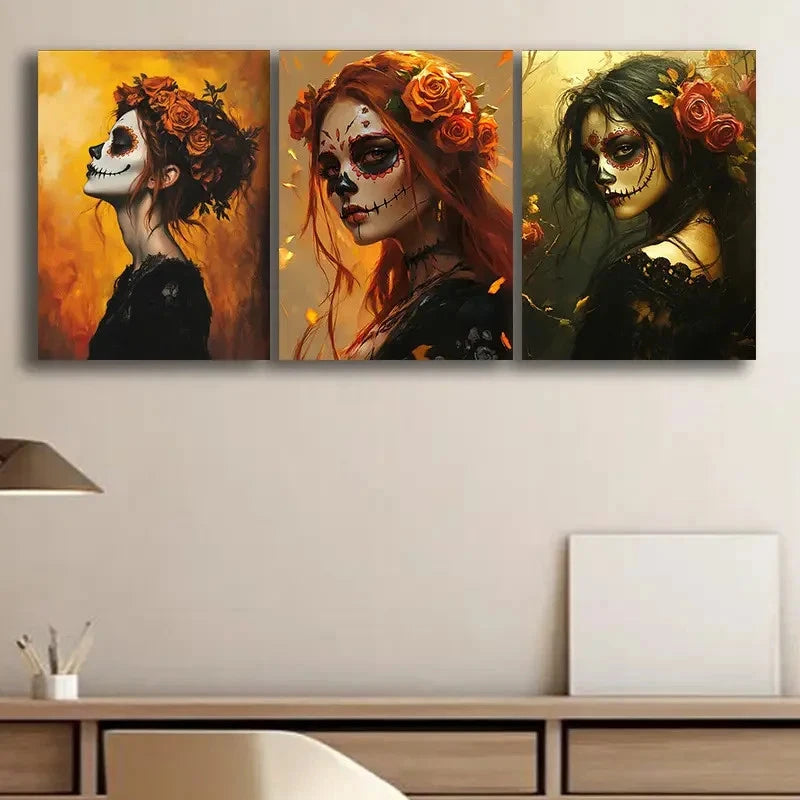 3pcs Dead Sugar Skull Painting Set Metal Print Ready to Hang Art - Bella Home Decor