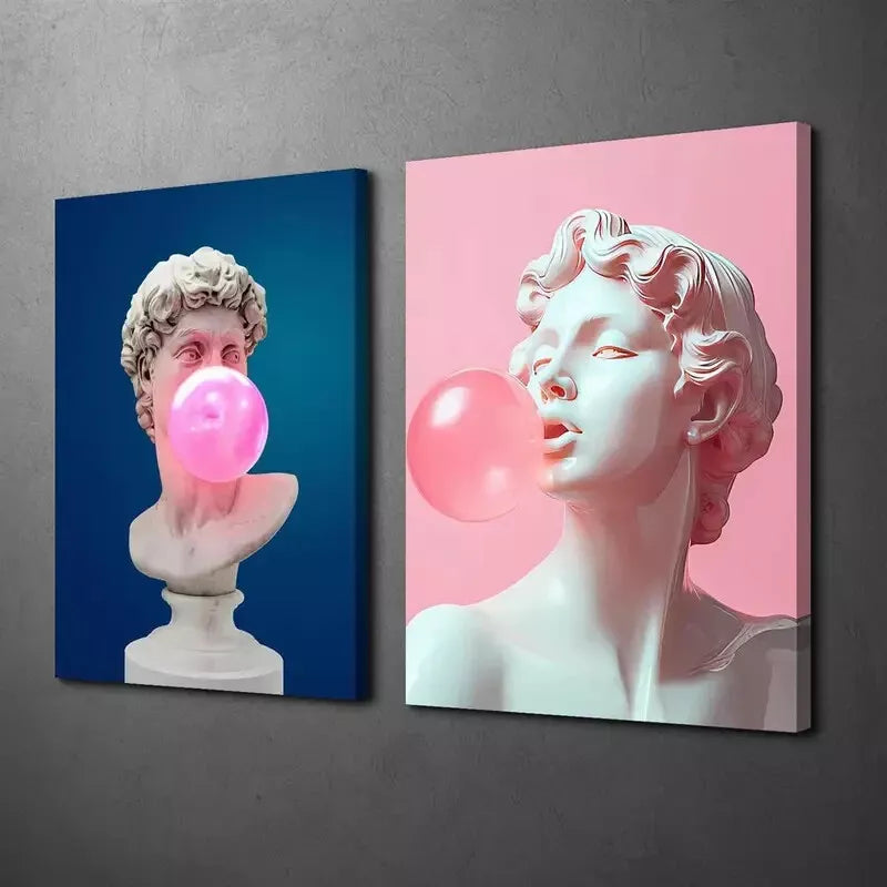 2pcs Whimsical David Bust & Pink Gum Bubbles Design Canvas Framed 50x75cm - High Quality Print 100% Australian Made Wall Canvas Ready to Hang - Bella Home Decor