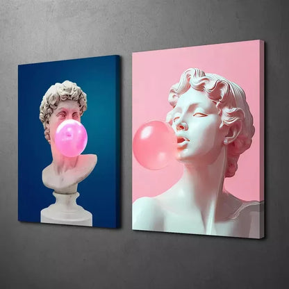 2pcs Whimsical David Bust & Pink Gum Bubbles Design Canvas Framed 50x75cm - High Quality Print 100% Australian Made Wall Canvas Ready to Hang - Bella Home Decor