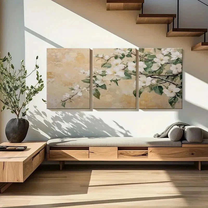 3pcs Artistic Floral Branches White Blossoms Metal Print Ready to Hang Art - Bella Home Decor