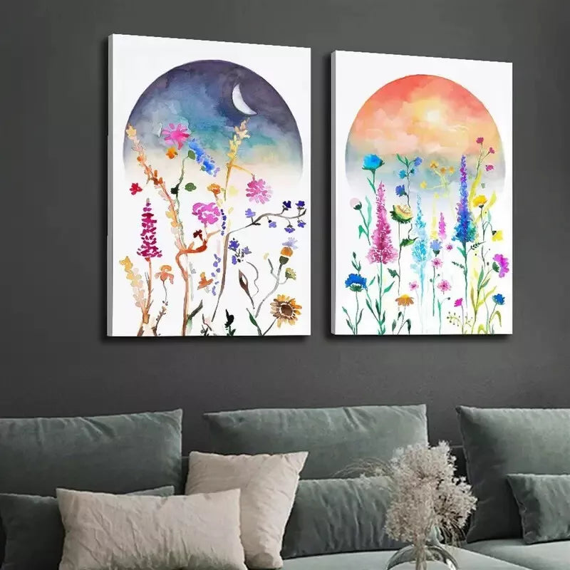 2pcs Boho Color Art, Celestial Watercolor Wildflower Art Canvas Framed 50x75cm - High Quality Print 100% Australian Made Wall Canvas Ready to Hang - Bella Home Decor