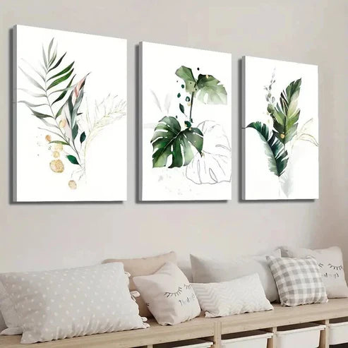 3pcs Green And Golden Fern Palm Tree  Wall Art Set Canvas Unframed - High Quality Print 100% Australian Made Wall Canvas