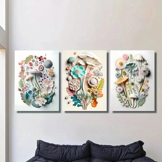 3pcs flower and mushroom decorative painting liquid Metal Print Ready to Hang Art