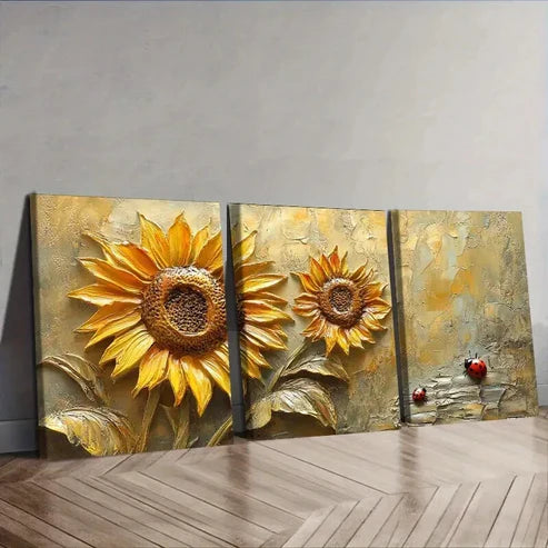 3pcs Sunflowers and Ladybugs Wall Art Set Canvas Unframed - High Quality Print 100% Australian Made Wall Canvas