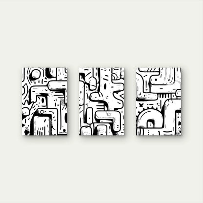 3pcs Black and White Abstract Doodle Wall Art Set Canvas Framed 40x60cm - High Quality Print 100% Australian Made Wall Canvas Ready to Hang