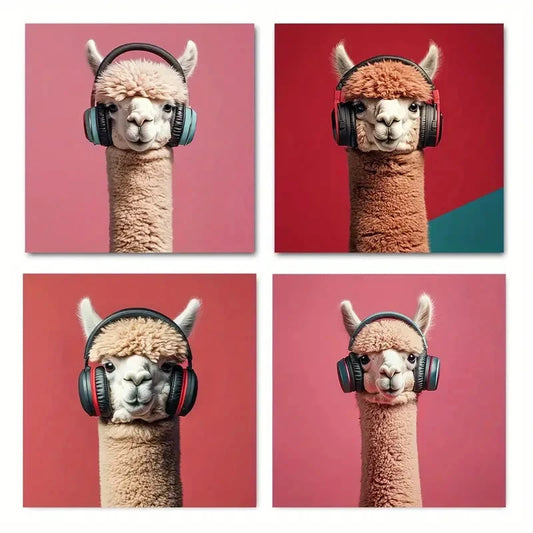 4pcs Alpaca with HeadphoneWall Art Canvas Framed