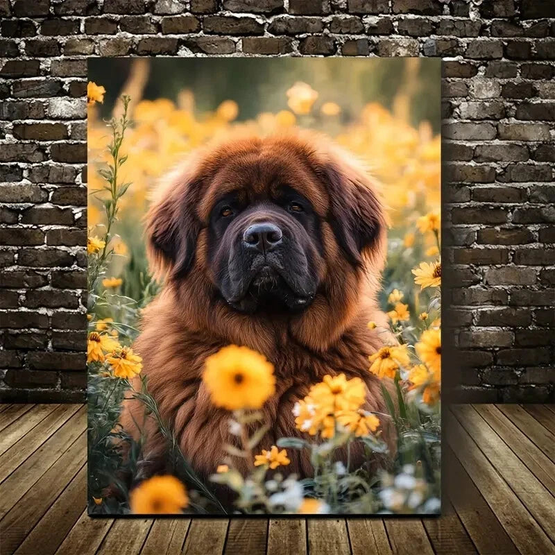 Tibetan Mastiff Dog & Vibrant Flowers Painting 40x60cm Metal Print Ready to Hang - Bella Home Decor