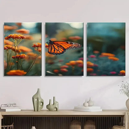 3pcs Orange Monarch Butterfly in a Flower Wall Art Set Canvas Framed 50x70cm - High Quality Print 100% Australian Made Wall Canvas Ready to Hang