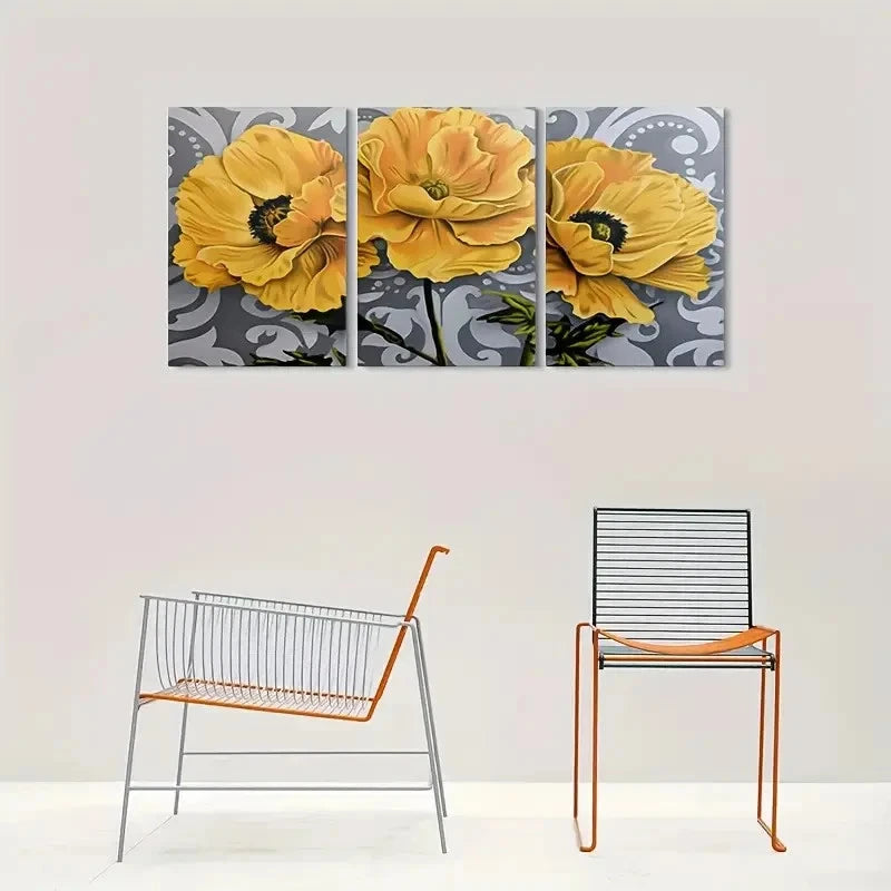 3pcs Golden Poppy Floral Gray and White Metal Print Ready to Hang Art - Bella Home Decor