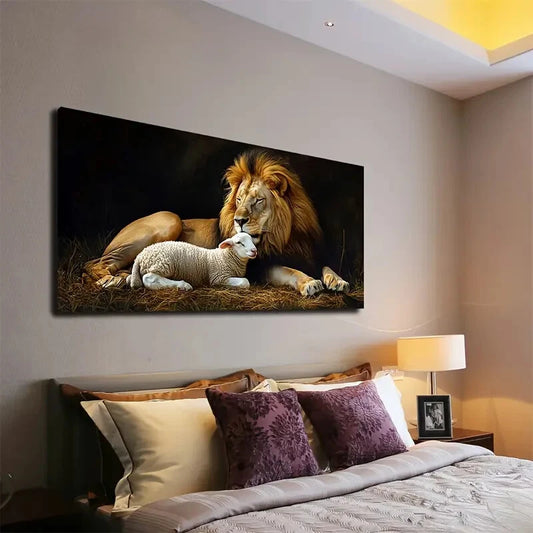 Realistic Lion & Lamb Snuggling Wall Art Canvas Office Home Room Framed 120x60cm