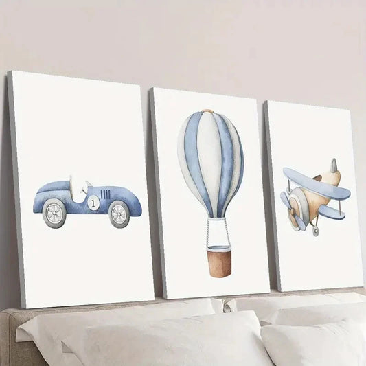 3pcs Cartoon vehicles, cars, hot air balloons Wall Art Set Canvas Framed 40x60cm - High Quality Print 100% Australian Made Wall Canvas Ready to Hang