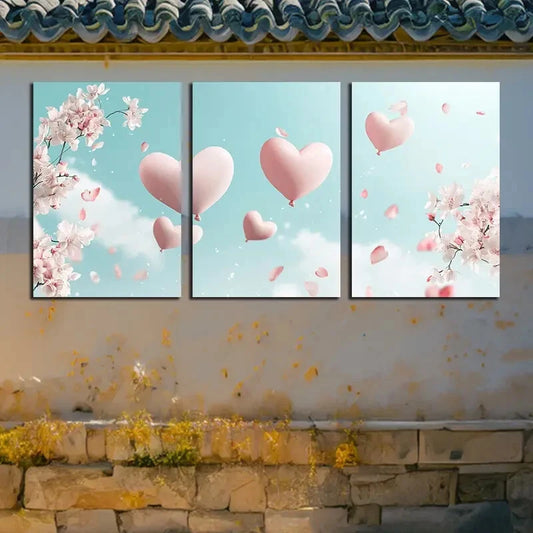 3pcs Romantic Cherry Blossoms & Heart Balloons Metal Print Ready to Hang Art