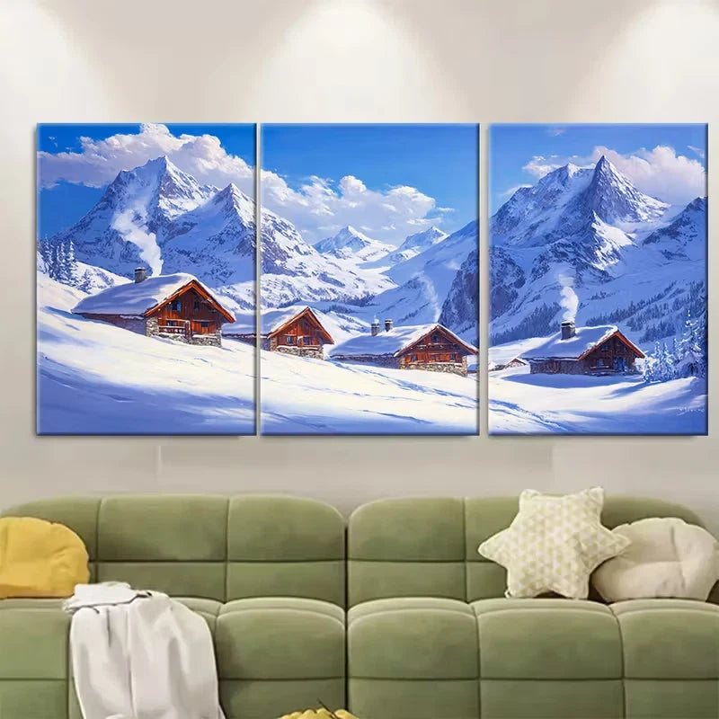 3pcs Snow Covered Chalets with Red Roofs Metal Print Ready to Hang Art
