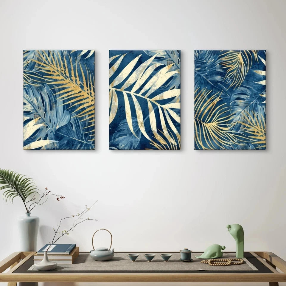 3pcs Modern Abstract Blue and Gold Palm Leaves Wall Art Set Canvas Framed 60x90cm - High Quality Print 100% Australian Made Wall Canvas Ready to Hang