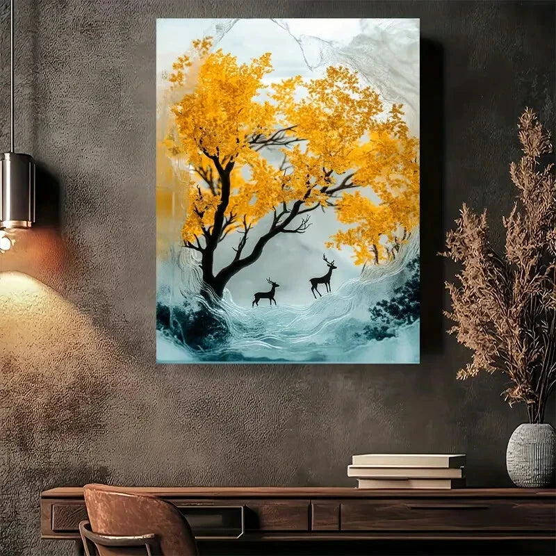 Beautiful Golden Autumn Trees With Deer Painting 40x60cm Metal Print Ready to Hang - Bella Home Decor