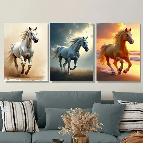 3pcs Horses Modern Pictures Blue Running Wall Art Set Canvas Unframed - High Quality Print 100% Australian Made Wall Canvas