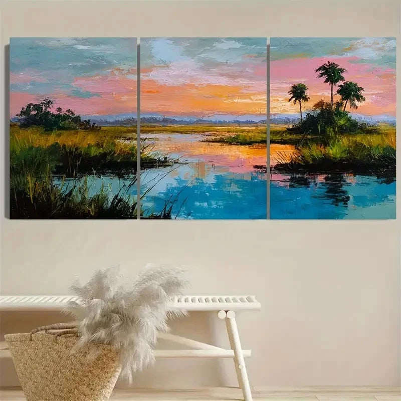 3pcs Wetland Florida Coastal, Sunset Wall Art Set Canvas Framed 50x70cm - High Quality Print 100% Australian Made Wall Canvas Ready to Hang